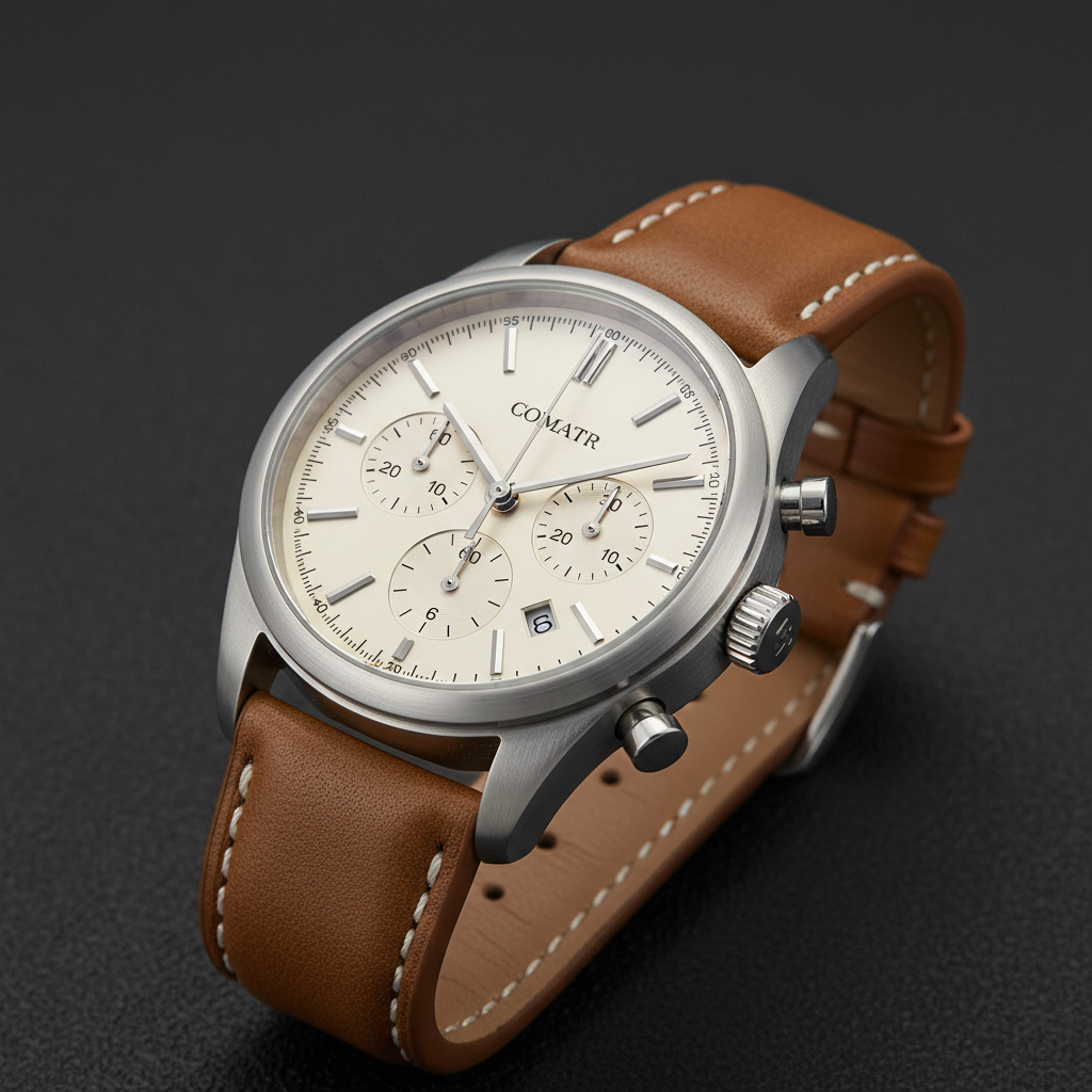 VELMONT Heritage cream chronograph watch with tan leather strap