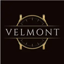 VELMONT logo, gold watch outline on black